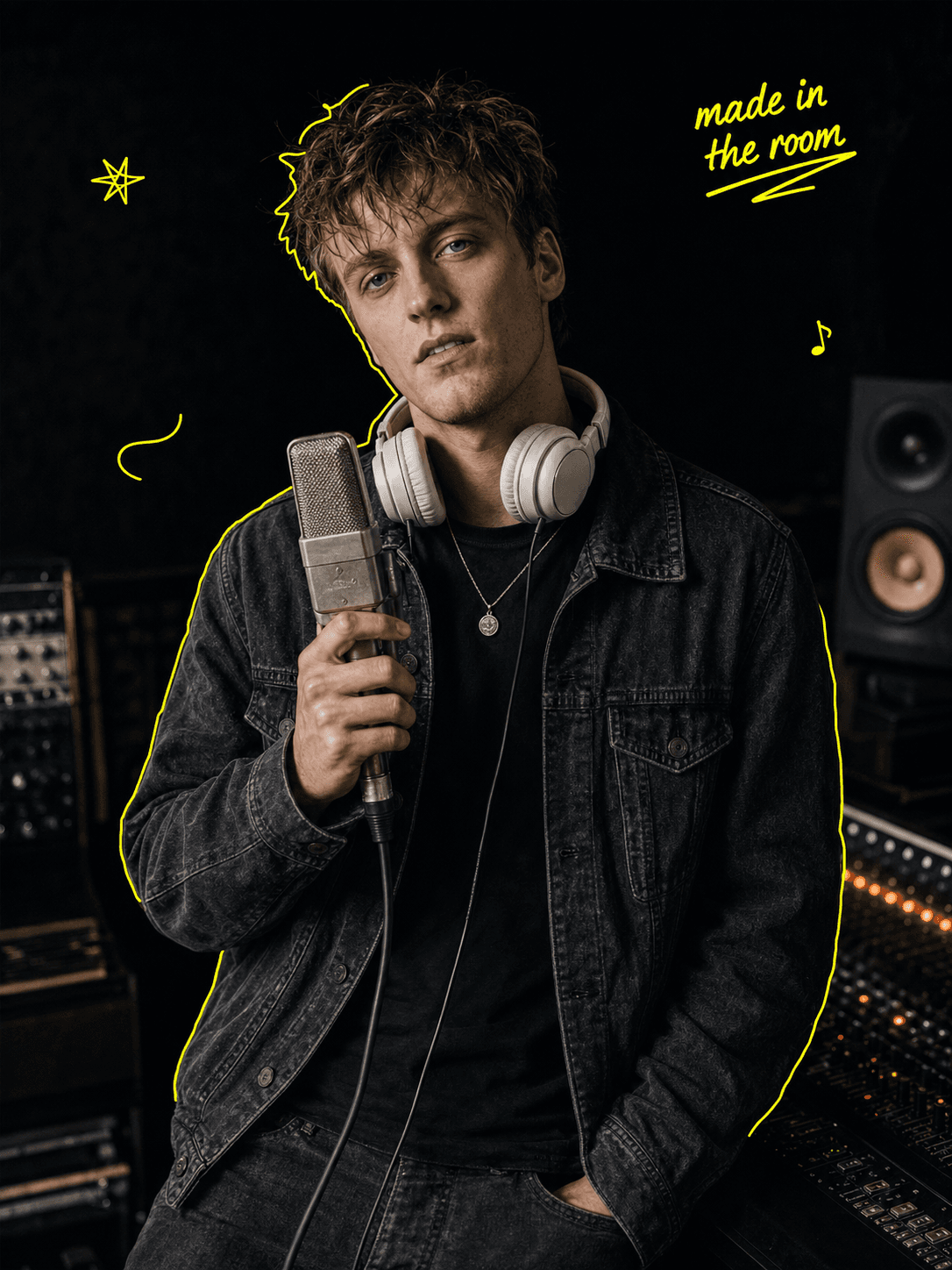 Music creator at a studio microphone with DigiBridge lime illustration.