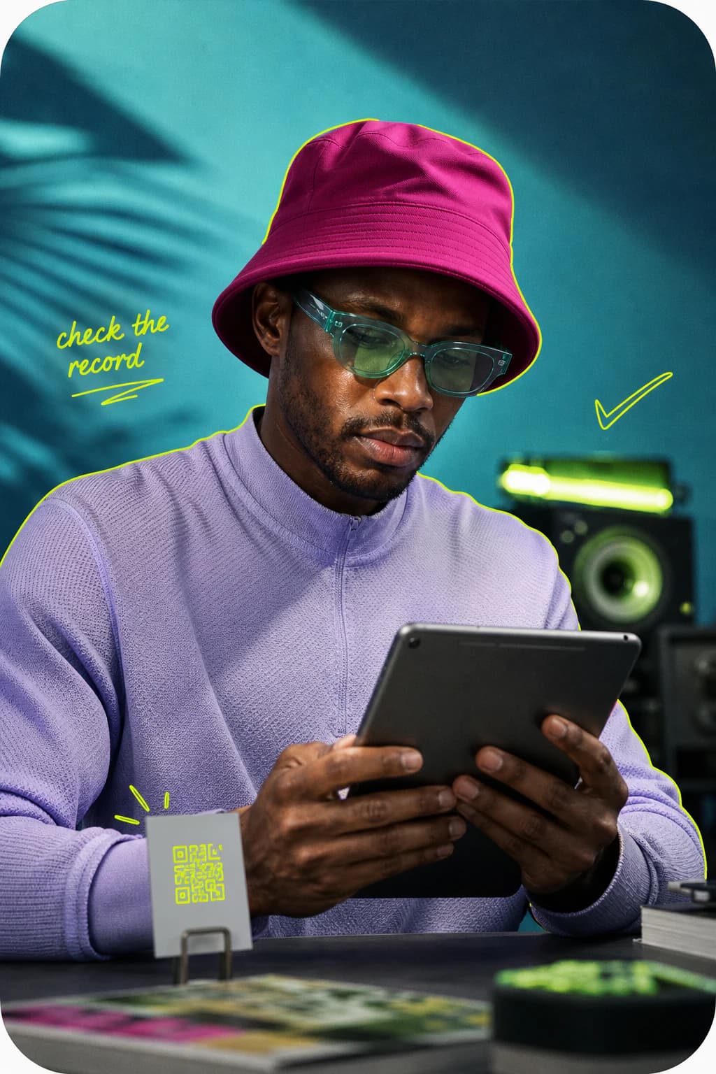 Music professional reviewing a creative record with DigiBridge lime illustration.