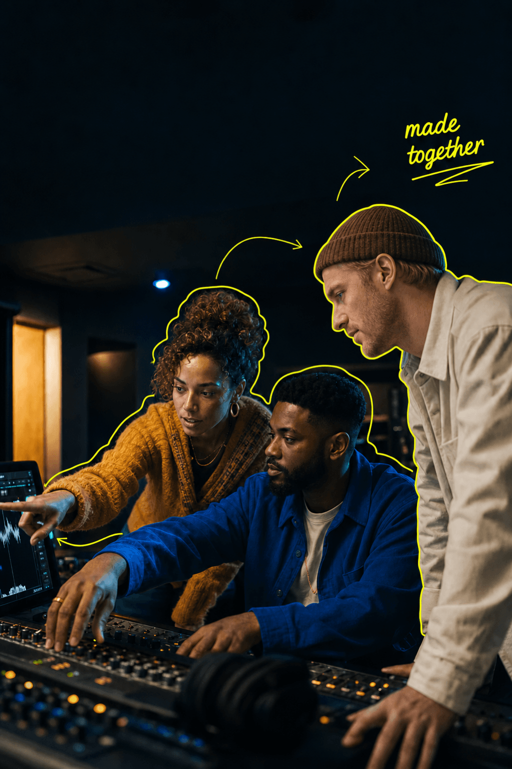 Creative studio team collaborating with DigiBridge lime illustration.